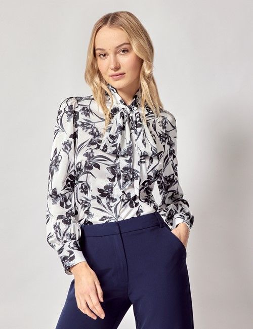 White & Black Monochrome Floral Satin Pussybow Blouse