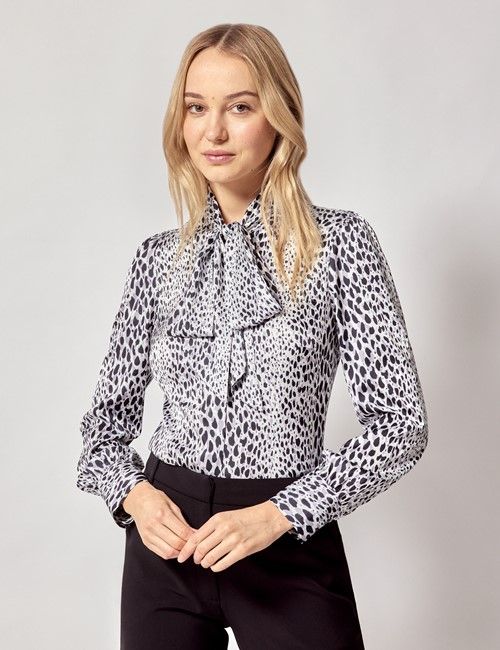 Black & White Spotted Satin Pussybow Blouse