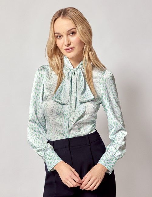 Cream & Blue Spotted Satin Pussybow Blouse