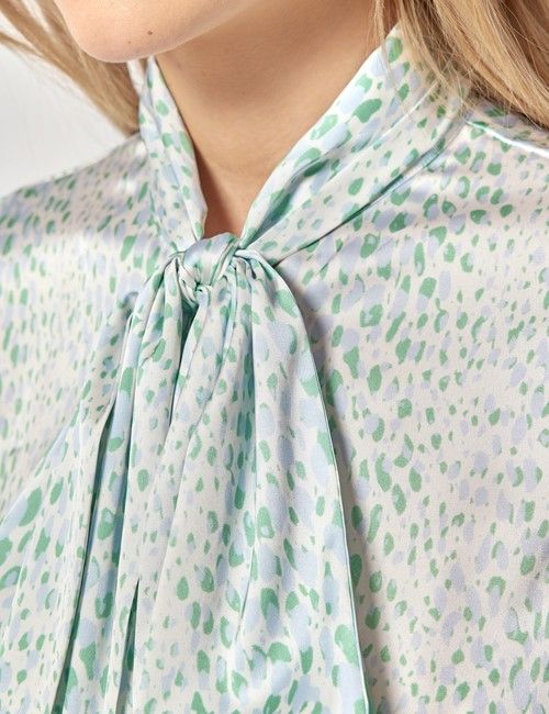 Cream & Blue Spotted Satin Pussybow Blouse-preview