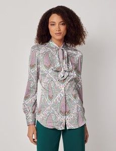 White & Purple Large Paisley Pussybow Blouse