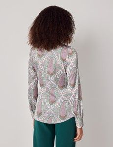 White & Purple Large Paisley Pussybow Blouse