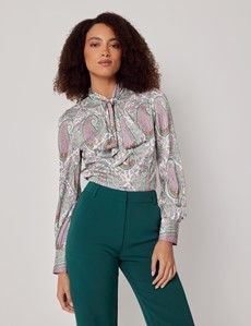 White & Purple Large Paisley Pussybow Blouse