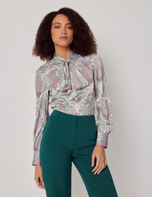 White & Purple Large Paisley Satin Pussybow Blouse