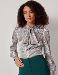 White & Purple Large Paisley Pussybow Blouse