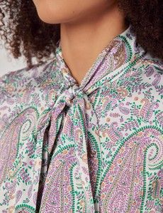 White & Purple Large Paisley Pussybow Blouse