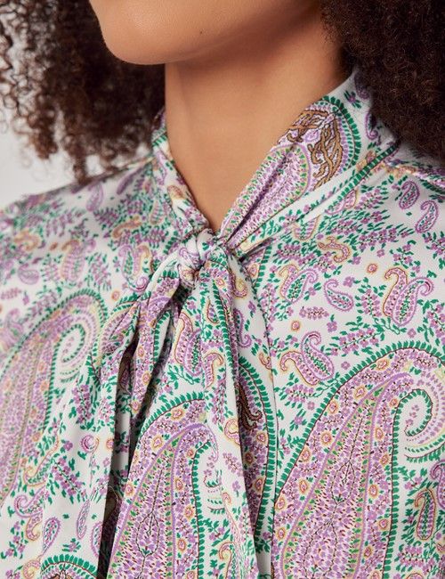 White & Purple Large Paisley Satin Pussybow Blouse-preview