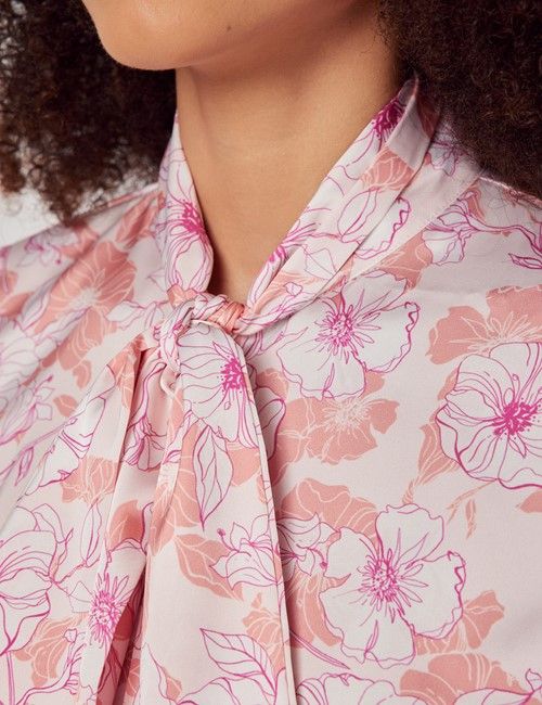 Coral & White Floral Satin Pussybow Blouse-preview