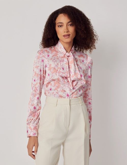 Coral & White Floral Satin Pussybow Blouse