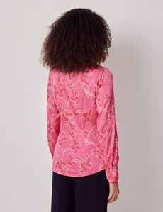 Pink & White Abstract Orchid Satin Pussybow Blouse-preview4
