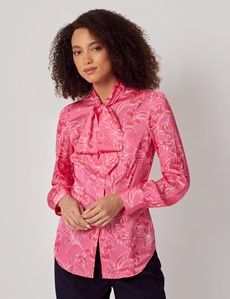 Pink & White Abstract Orchid Satin Pussybow Blouse-preview3