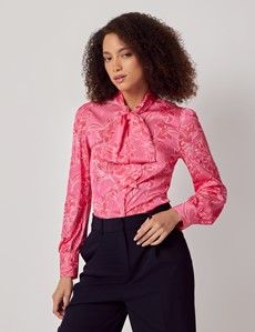 Pink & White Abstract Orchid Satin Pussybow Blouse