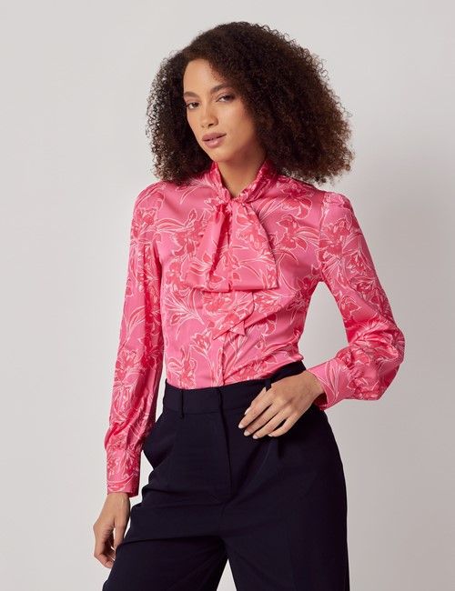 Pink & White Abstract Orchid Satin Pussybow Blouse