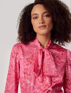 Pink & White Abstract Orchid Satin Pussybow Blouse-preview2