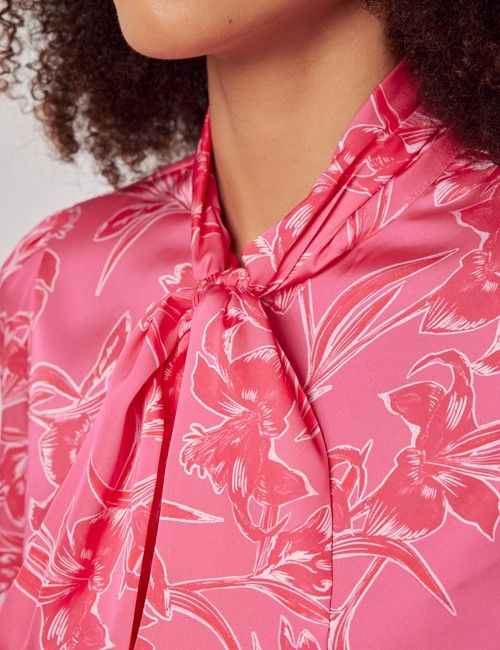 Pink & White Abstract Orchid Satin Pussybow Blouse-preview
