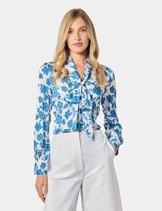 Cream & Blue Floral Pussybow Blouse