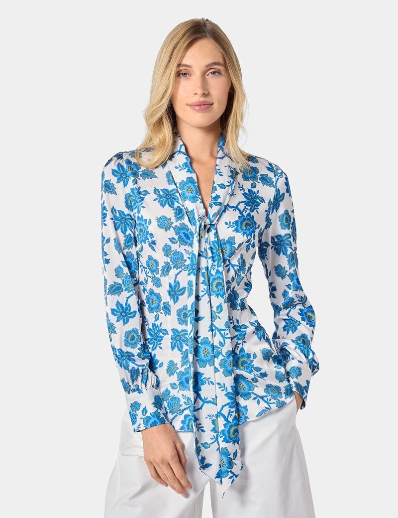 Cream & Blue Floral Pussybow Blouse-preview