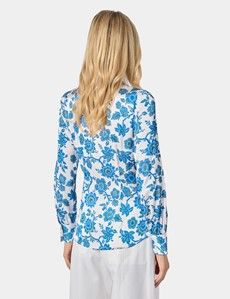 Cream & Blue Floral Pussybow Blouse