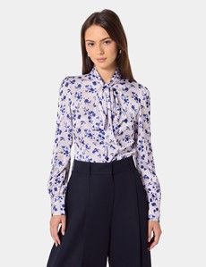 Pink & Navy Floral Pussybow Blouse