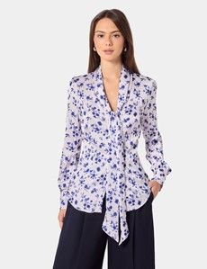 Pink & Navy Floral Pussybow Blouse