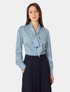 Blue & Green Geometric Pussybow Blouse