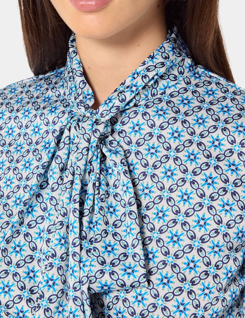 Blue & Green Geometric Pussybow Blouse-preview