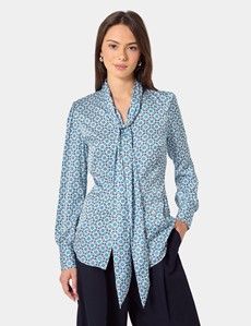 Blue & Green Geometric Pussybow Blouse