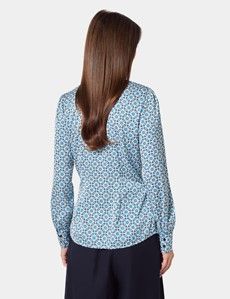 Blue & Green Geometric Pussybow Blouse