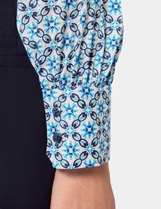 Blue & Green Geometric Pussybow Blouse