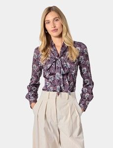 Navy & Orange Floral Pussybow Blouse