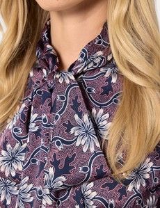 Navy & Orange Floral Pussybow Blouse