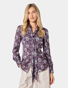 Navy & Orange Floral Pussybow Blouse