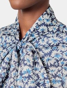 Navy & Blue Floral Pussybow Blouse