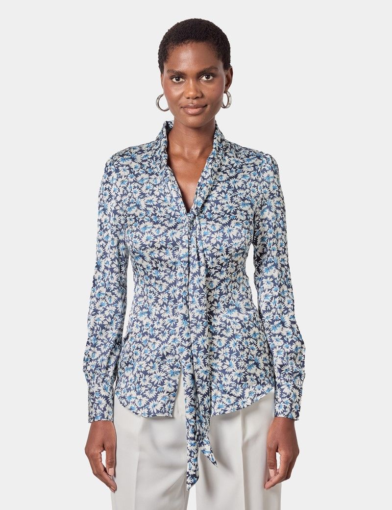 Navy & Blue Floral Pussybow Blouse