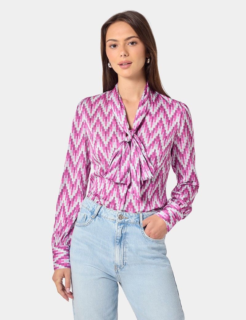 Pink & Cream Geometric Pussybow Blouse
