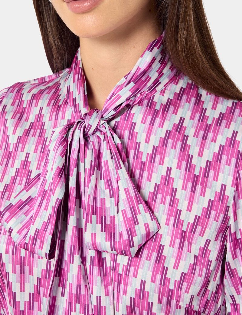 Pink & Cream Geometric Pussybow Blouse-preview