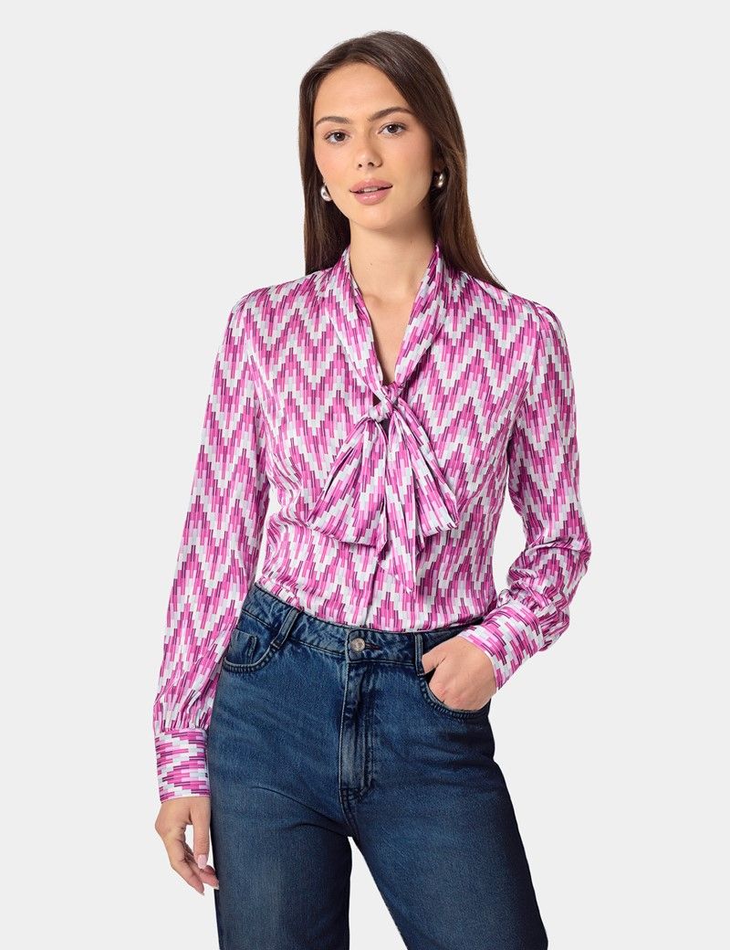 Pink & Cream Geometric Pussybow Blouse