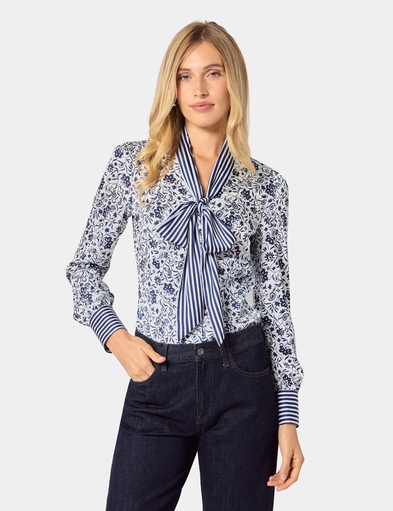 Navy & White Floral Pussybow Blouse