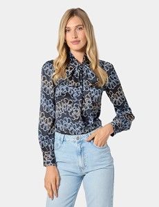 Black & Gold Chains Pussybow Blouse