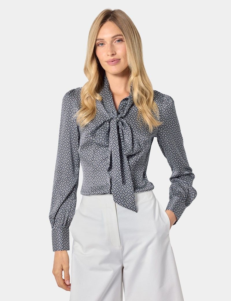 Black & White Geometric Pussybow Blouse