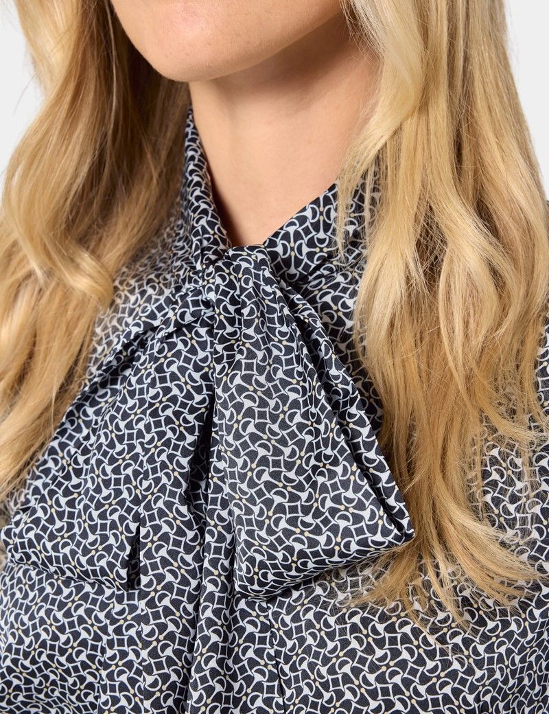 Black & White Geometric Pussybow Blouse-preview