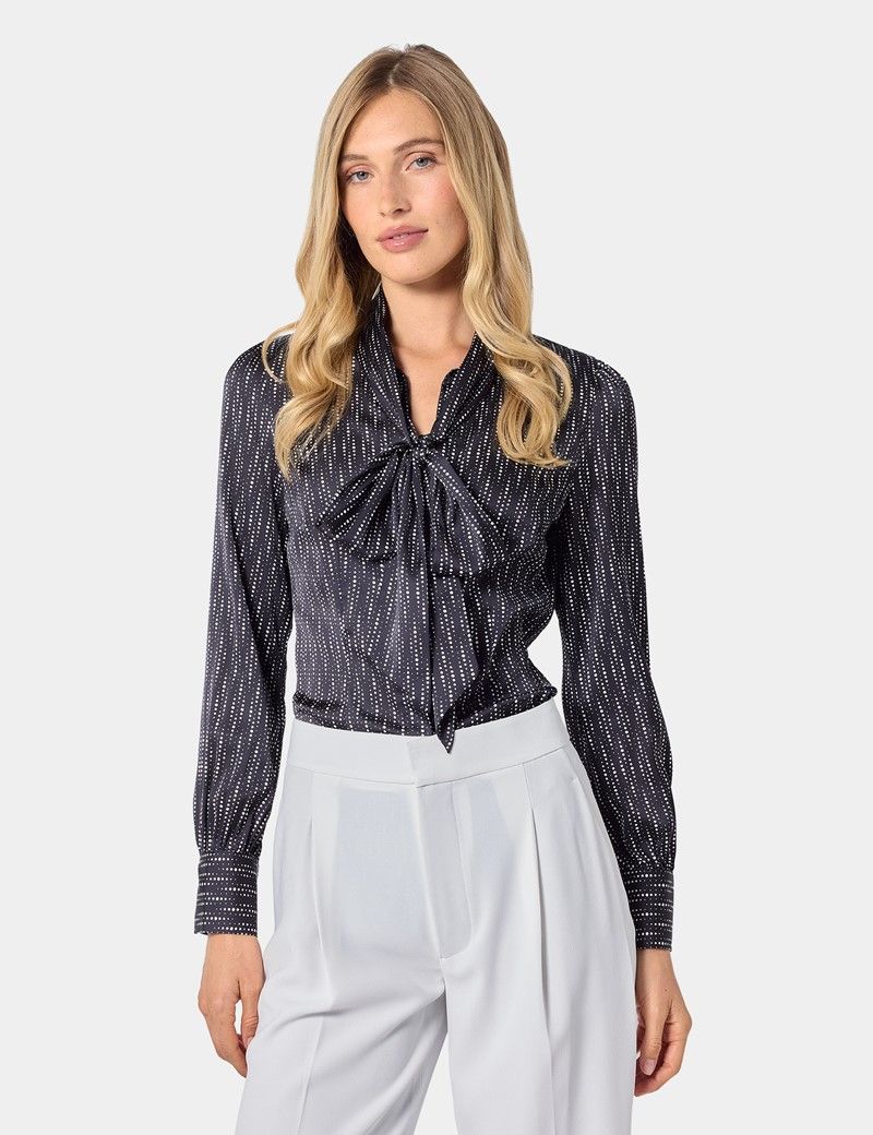 Black & White Spotted Geo Pussybow Blouse
