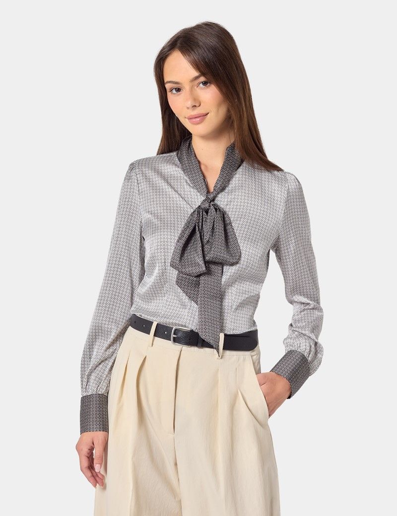 Cream & Black Geometric Pussybow Blouse