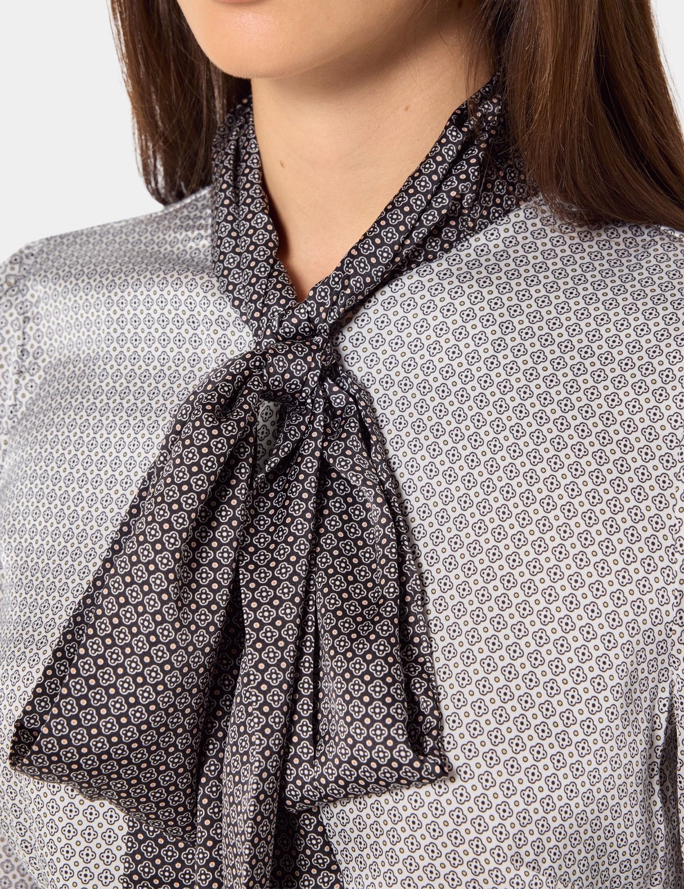 Cream & Black Geometric Pussybow Blouse-preview