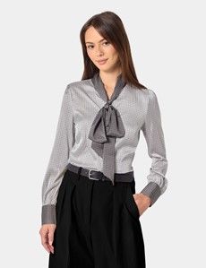 Cream & Black Geometric Pussybow Blouse