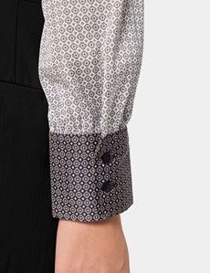 Cream & Black Geometric Pussybow Blouse