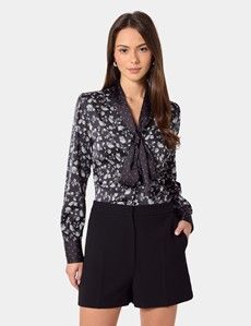 Black & White Floral Satin Pussybow Blouse
