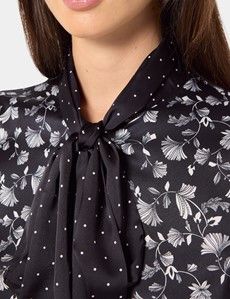 Black & White Floral Satin Pussybow Blouse