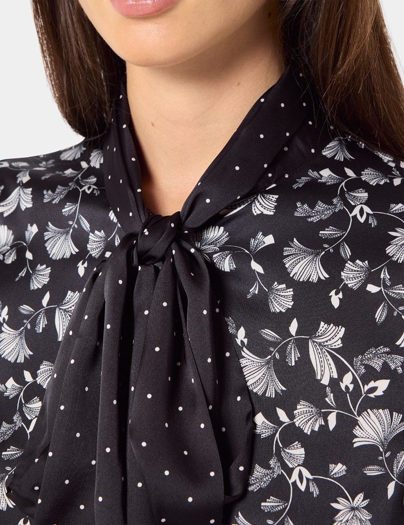 Black & White Floral Satin Pussybow Blouse-preview