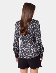 Black & White Floral Satin Pussybow Blouse
